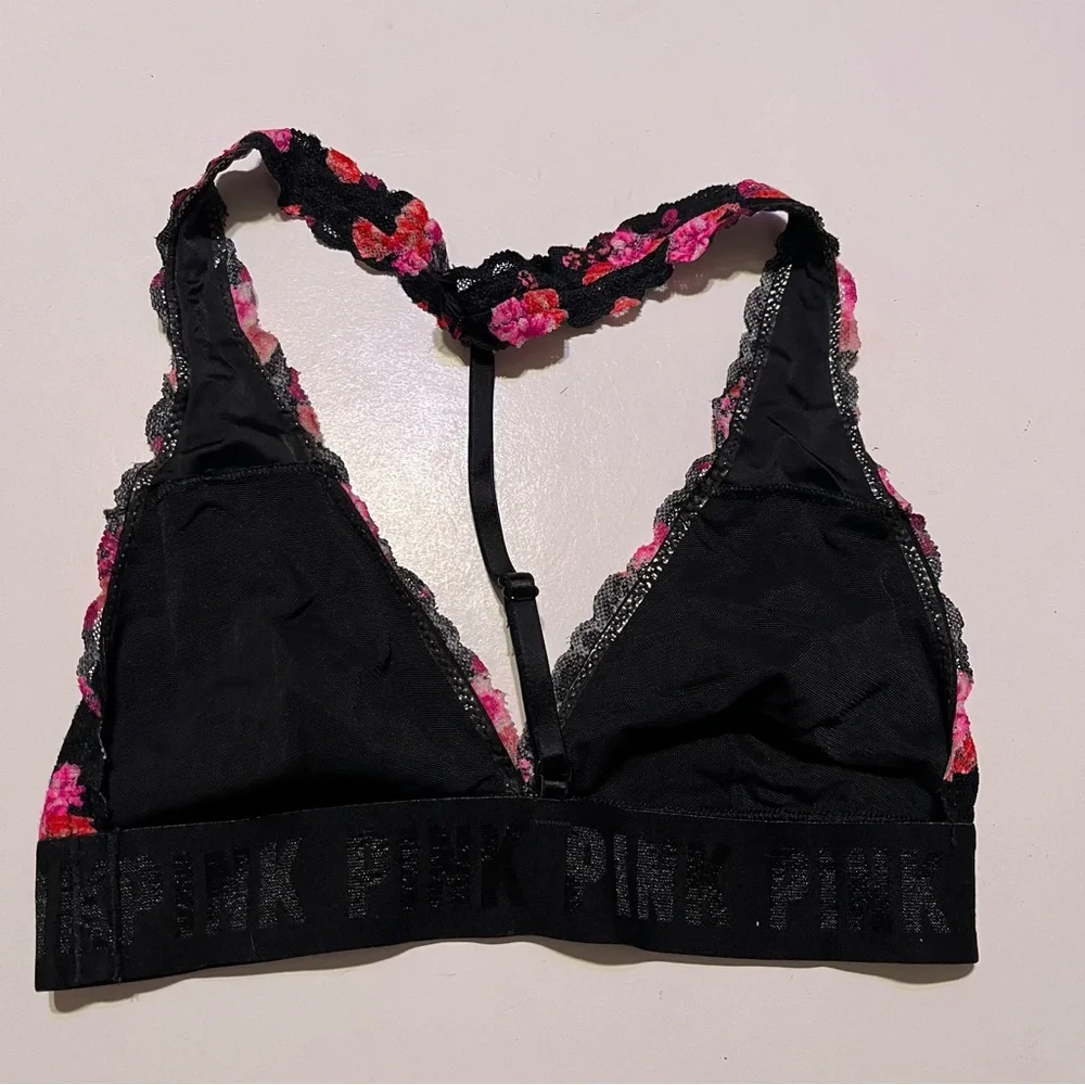 PINK Victoria Secret Black Pink Rose Floral Halter Neck Bralette Bra Small